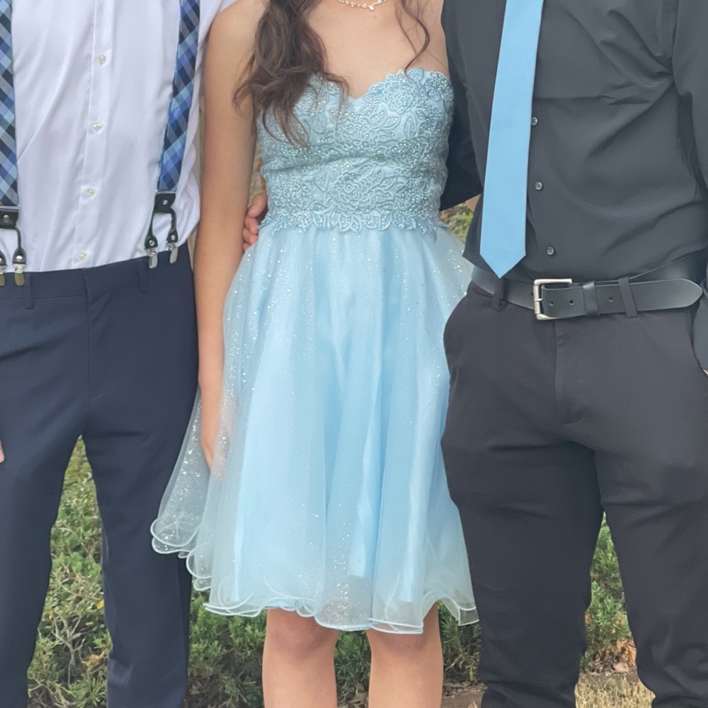 strapless light blue homecoming dress